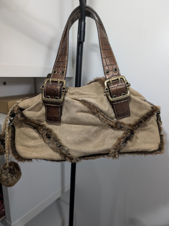 Franco Sarto Handbags - Franco Sarto Beige Suede Shoulder Bag Brown Faux Fur Croc Emboss Strap & Bottom